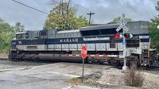 Fast Trains In The Rain!  Wabash Railroad Heritage Unit Shoving, Norfolk Southern Railroad Crossings