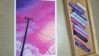 오일파스텔 해질녘의 노을 그리기 Power line sunset drawing with Oil pastel