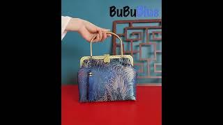 BUBUBLUE Handmade Vintage Handbag Women Chinese Style Cheongsam Luxury Peacock Blue Clutch Bag