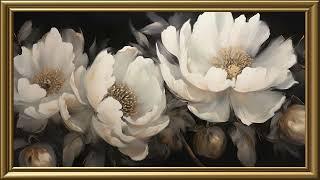 Vintage White Peonies Painting | Gold Frame TV Art | Art Screensaver for TV | 1 Scene - 2 Hrs