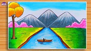 How to draw Boat with scenery | Beautiful nature scenery