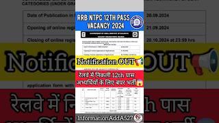 RRB NTPC New Vacancy 2024 | NTPC 12th level notification | Railway NTPC 12th Pass vacancy #shorts