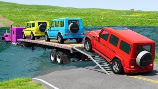 Triple Flatbed Trailer Truck Potholes Transport Car Rescue - Cars vs Bridge - Beamng.drive