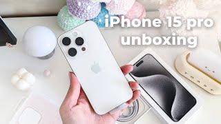 iPhone 15 Pro UNBOXING ASMR, setup + magsafe accessories! White VS Natural Titanium?  aesthetic