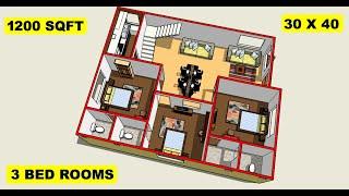 1200 sqft house plan design II 30 x 40 ghar ka naksha II 3 bhk house plan design