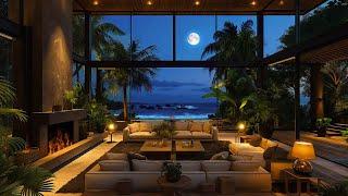 Inside a Luxurious Beachfront Villa | Night Ambience with Calm Fireplace & Soothing Beach Waves