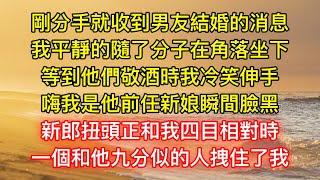 剛分手就收到男友結婚的消息，我平靜的隨了分子在角落坐下，等到他們敬酒時我冷笑伸手，嗨我是他前任新娘瞬間臉黑，新郎扭頭正和我四目相對時，一個和他九分似的人拽住了我