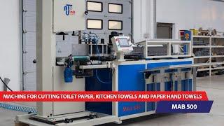 Machine for cutting toilet paper, kitchen towels and paper hand towels