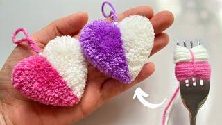 Super Easy Pom Pom Heart Making with Fork | Amazing Craft Ideas with Wool | How to Make Yarn Heart