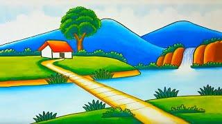 How to Draw Beautiful Mountain Lake/ Easy Scenery Drawing / River mountain landscape village drawing