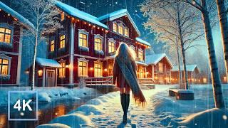 Magical Snowy Village Walk at Dusk • 4K HDR Nordic Winter Fairytale Ambience for Relaxation & Unwind