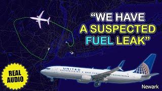 Pilot reports suspected fuel leak in flight. United Boeing 737 diverts to Newark. Real ATC