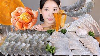 식감 천재들 제철 생새우회 외국 광어 찰광어(터봇) 해삼내장 명란젓 먹방 Raw shrimp & Raw turbot [eating show] mukbang korean food