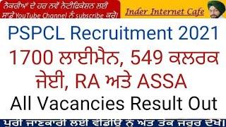 PSPCL 2632 POSTS RECRUITMENT RESULTS OUT l PSPCL CLERK RECRUITMENT RESULT 2021 l INDER INTERNET CAFE