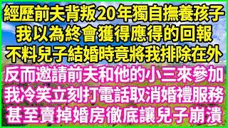 經歷前夫背叛20年獨自撫養孩子，我以為終會獲得應得的回報，不料兒子結婚時竟將我排除在外，反而邀請前夫和他的小三來參加，我冷笑立刻打電話取消婚禮服務，甚至賣掉婚房徹底讓兒子崩潰！#情感故事 #花開富貴