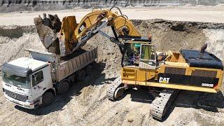 Caterpillar 5090B Hydraulic Shovel Loading 4 Axle Trucks - Aerial View - Sotiriadis-Labrianidis - 4k