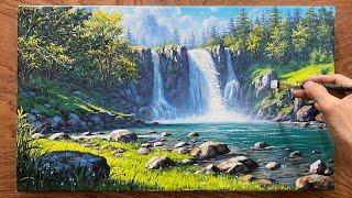 Painting a waterfall / Landscape painting of flowing stream water / A Lu Art / #art