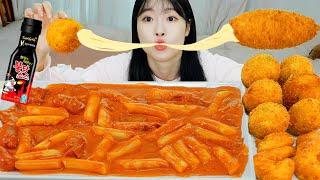 ASMR MUKBANG| Rosé Tteokbokki, Cheese Hot dog, Cheese Croquette, Twisted bread stick.