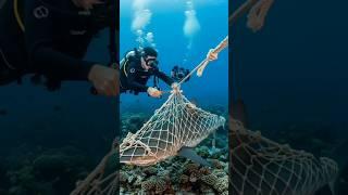 Shark Rescued from Fishing Net by Brave Diver #shorts #animalrescue #sea #ocean #love #funny #marine