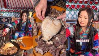 Enke went to his sister's house to eat meat today! Mongolian beauty! #camping #cooking #village