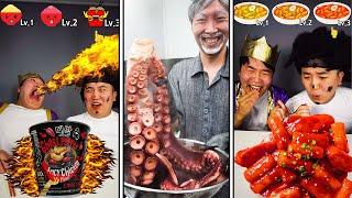 mukbang Koreanische würzige Nudeln, chinesisches Essen, wie man riesige Monsterkraken macht