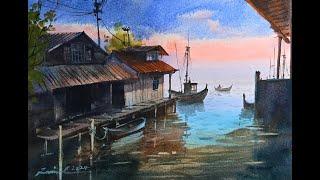 Watercolor painting tutorial - Harbor scene