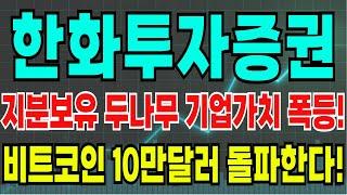 [한화투자증권 주가전망] 745억 벌었다! 지분보유 두나무 기업가치 폭등! 비트코인 10만달러 곧 돌파한다?!