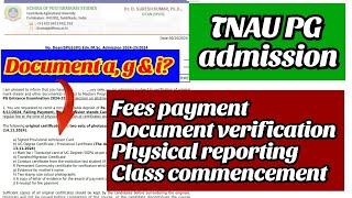 TNAU PG fees payment, document verification, physical reporting & classes | TNAU PG admission 2024