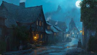 Medieval Village Night Ambience | Relaxing Medieval Town Sounds at Night, Rain Sounds, Frog Sounds