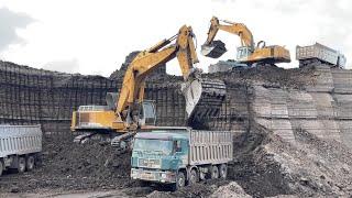 Two Liebherr 974 Excavators Loading 4 Mercedes - MAN 4 Axle Trucks & Operator View - Ascon Ltd