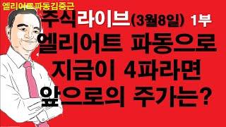 엘리어트파동김중근의  주식시장 라이브(3월8일 1부) : 엘리어트 파동으로 지금이 4파라면, 앞으로의 주가는 어디로?