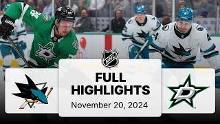 NHL Highlights | Sharks vs. Stars - November 20, 2024