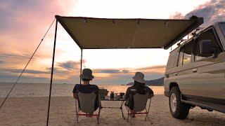 Teluk Batik Beach Campsite with my LAND CRUISER || Stanley Coffee Box || White Noise Beach ASMR