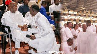 PETER OBI, ENENCHE, REV NTIA, KNEEL TO GREET BISHOP OYEDEPO AT DEBORAH ENENCHE WHITE WEDDING