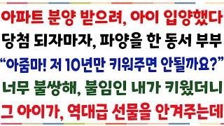 (반전신청사연)아파트 분양 받으려 입양했다, 당첨되자마자 길에 내 쫓은 동서부부 "큰 엄마 저 키워주면 복 받으실거에요" 그 아이를 받아들인 순간[신청사연][사이다썰][사연라디오]