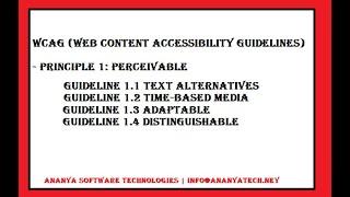 Accessibility: WCAG (Perceivable - Text Alt (1.1), Media(1.2), Adaptable (1.3), Distinguishable(1.4)