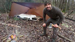 Solo Bushcraft Camp - No Sleeping Bag, Reindeer Hide Bed, Spit Roast Partridge