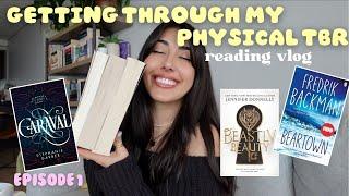 getting through every book on my physical tbr part 1  spoiler free reading vlog *tbr takedown*