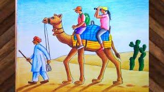 Desert scenery drawing with camel step by step/Camel drawing scenery