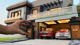 30” Modern Luxury House Architectural Model | 2 Car Space | Miniature Diorama Home with Mini Cars