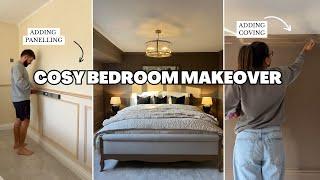 Bedroom Makeover | Adding character with panelling and coving | Cosy, warm, neutral tones