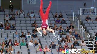 Shane Wiskus falls from high bar THREE TIMES yet refuses to quit in courageous routine | NBC Sports