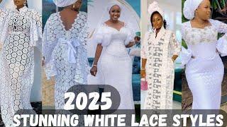 WOW  STUNNING WHITE LACE STYLES YOU CAN ROCKIN 2025/RICH AUNTY WHITE LACE KAFTANS AND BOUBOUS