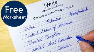 How to write Countries name in Cursive Writing | English Cursive Handwriting Practice | Worksheet