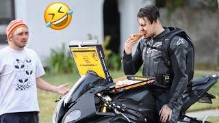 FUNNIEST MOTORCYCLE UBER PRANK! | EATING CUSTOMERS ORDERS!