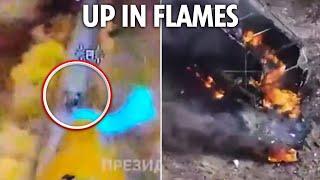 Ukraine's deadly drones with detonators painted in blue and yellow take out Russian war trucks