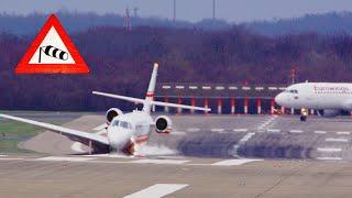 Extremer Sturm Eberhard bis 120 km/h am Düsseldorf Airport - Crosswind und durchstartende Flugzeuge