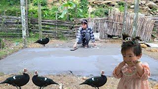 Clear grass to erect pillars, pour foundation to build goose pen, get leaves for sow to make nest.