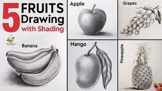 5 Realistic Fruits Apple, Mango, Banana, Grapes, Pineapple Drawing Pencil Shading 3D Art Tutorial