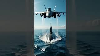 A huge fighter jet flies through the sky, and a submarine descends into the sea #submarine
